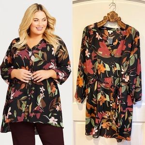 NEW Avenue Floral Tunic Tie Waist Blouse Size 26/28